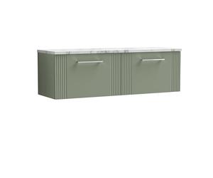 nuie DPF894LCM2 Deco Modern Bathroom Wall Hung 2 Soft Close Drawer Vanity Unit and Carrera Marble Laminate Worktop, 1200mm, Satin Green