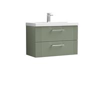 nuie DPF895A Deco Modern Bathroom Wall Hung 2 Drawer Part Fluted Vanity Unit with Mid-Edge Ceramic Basin, Satin Green