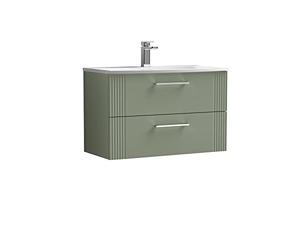 nuie DPF895G Deco Modern Bathroom Wall Hung 2 Drawer Part Fluted Vanity Basin Unit with Curved Ceramic Basin, 800mm, Satin Green