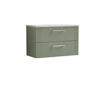 nuie DPF895LBG Deco Modern Bathroom Wall Hung 2 Drawer Part Fluted Vanity Basin Unit with Laminate Bellato Grey Worktop, 800mm, Satin Green