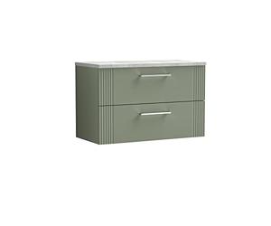 nuie DPF895LBG Deco Modern Bathroom Wall Hung 2 Drawer Part Fluted Vanity Basin Unit with Laminate Bellato Grey Worktop, 800mm, Satin Green