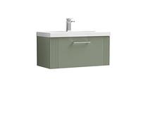 nuie DPF896A Deco Modern Bathroom Wall Hung 1 Drawer Part Fluted Vanity Basin Unit with Mid-Edge Ceramic Basin, 800mm, Satin Green