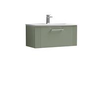 nuie DPF896G Deco Modern Bathroom Wall Hung 1 Drawer Part Fluted Vanity Basin Unit with Curved Ceramic Basin, 800mm, Satin Green