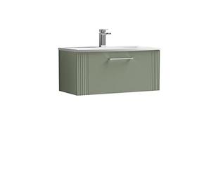 nuie DPF896G Deco Modern Bathroom Wall Hung 1 Drawer Part Fluted Vanity Basin Unit with Curved Ceramic Basin, 800mm, Satin Green