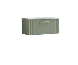 nuie DPF896LBG Deco Modern Bathroom Wall Hung 1 Drawer Part Fluted Vanity Basin Unit with Laminate Bellato Grey Worktop, 800mm, Satin Green
