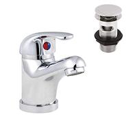 nuie DTY345 Eon Modern Bathroom Round Single Lever Mono Basin Mixer Tap with Push Button Waste, 94 x 40 x 123mm , Chrome
