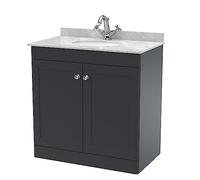 nuie Floor Standing 2 Door Unit & 1 Tap Hole Marble Worktop with Round Basin, 800mm, Satin Anthracite/Grey, Soft Black