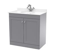 nuie Floor Standing 2 Door Unit & 1 Tap Hole Marble Worktop with Round Basin, 800mm, Satin Grey/White