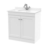 nuie Floor Standing 2 Door Unit & 1 Tap Hole Marble Worktop with Round Basin, 800mm, Satin White