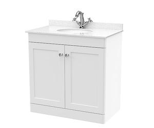 nuie Floor Standing 2 Door Unit & 1 Tap Hole Marble Worktop with Round Basin, 800mm, Satin White