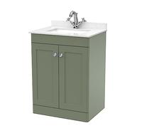 nuie Floor Standing 2 Door Unit & 1 Tap Hole Marble Worktop with Square Basin, 600mm, Satin Green/White