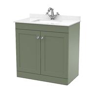 nuie Floor Standing 2 Door Unit & 1 Tap Hole Marble Worktop with Square Basin, 800mm, Satin Green/White