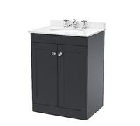 nuie Floor Standing 2 Door Unit & 3 Tap Hole Marble Worktop with Round Basin, 600mm, Satin Anthracite/White, Soft Black