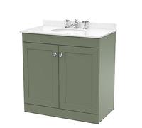 nuie Floor Standing 2 Door Unit & 3 Tap Hole Marble Worktop with Round Basin, 800mm, Satin Green/White