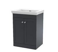 nuie Floor Standing 2 Door Vanity Unit & 0 Tap Hole Fireclay Basin, 600mm, Soft Black