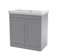 nuie Floor Standing 2 Door Vanity Unit & 0 Tap Hole Fireclay Basin, 800mm, Grey, Satin White