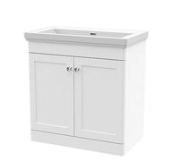nuie Floor Standing 2 Door Vanity Unit & 0 Tap Hole Fireclay Basin, 800mm, Satin White, Small