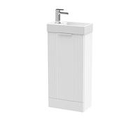 nuie FLT120 Deco Compact Modern Bathroom Floor Standing Part Fluted 1 Door Slimline Vanity Basin Unit with Ceramic Basin, 400mm, Satin White