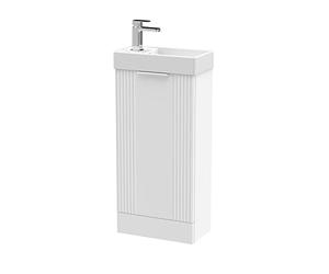 nuie FLT120 Deco Compact Modern Bathroom Floor Standing Part Fluted 1 Door Slimline Vanity Basin Unit with Ceramic Basin, 400mm, Satin White
