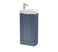 nuie FLT320 Deco Compact Modern Bathroom Floor Standing Part Fluted 1 Door Slimline Vanity Basin Unit with Ceramic Basin, 400mm, Satin Blue