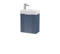 nuie FLT390 Deco Compact Modern Bathroom Wall Hung Part Fluted 1 Door Slimline Vanity Basin Unit with Ceramic Basin, 400mm, Satin Blue