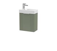 nuie FLT890 Deco Compact Modern Bathroom Wall Hung Part Fluted 1 Door Slimline Vanity Basin Unit with Ceramic Basin, 400mm, Satin Green