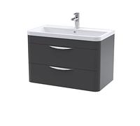 nuie FPA1405A Parade Modern Bathroom Wall Hung 2 Drawer Vanity Basin Cabinet with Ceramic Basin, 800mm, Soft Black