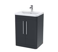 nuie FPA1410A Parade Modern Bathroom Floor Standing 2 Door Vanity Basin Cabinet with Ceramic Basin, 600mm, Soft Black