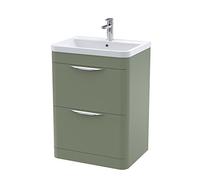 nuie FPA801 Parade Modern Bathroom Floor Standing 2 Drawer Vanity Basin Cabinet with Polymarble Basin, 600mm, Satin Green