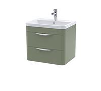 nuie FPA802A Parade Modern Bathroom Wall Hung 2 Drawer Vanity Basin Cabinet with Ceramic Basin, 600mm, Satin Green