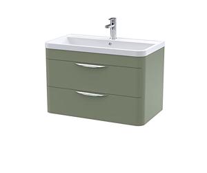 nuie FPA805 Parade Modern Bathroom Wall Hung 2 Drawer Vanity Basin Cabinet with Polymarble Basin, 800mm, Satin Green