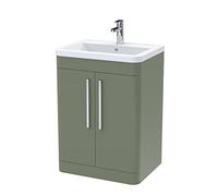 nuie FPA810A Parade Modern Bathroom Floor Standing 2 Door Vanity Basin Cabinet with Ceramic Basin, 600mm, Satin Green