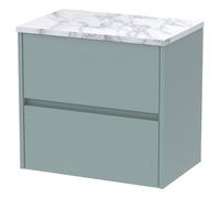 Nuie Havana Matt Wall Hung 2 Drawer Vanity Unit with Carrera Marble Laminate Worktop | Coastal Grey | MFC | 600mm