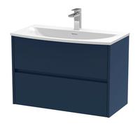 Nuie Havana Satin Wall Hung 2 Drawer Vanity Unit and Curved Ceramic Basin | Midnight Blue | MDF | 800mm