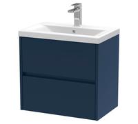 Nuie Havana Satin Wall Hung 2 Drawer Vanity Unit and Mid Edge Ceramic Basin | Midnight Blue | MDF | 600mm