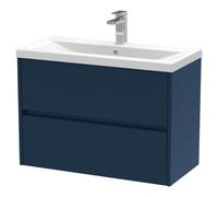 Nuie Havana Satin Wall Hung 2 Drawer Vanity Unit and Mid Edge Ceramic Basin | Midnight Blue | MDF | 800mm