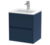 Nuie Havana Satin Wall Hung 2 Drawer Vanity Unit and Minimalist Ceramic Basin | Midnight Blue | MDF | 500mm