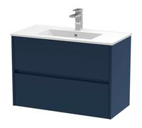 Nuie Havana Satin Wall Hung 2 Drawer Vanity Unit and Minimalist Ceramic Basin | Midnight Blue | MDF | 800mm