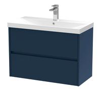 Nuie Havana Satin Wall Hung 2 Drawer Vanity Unit and Thin Edge Ceramic Basin | Midnight Blue | MDF | 800mm