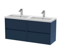 Nuie Havana Satin Wall Hung 4 Drawer Vanity Unit with Double Polymarble Basins | Midnight Blue | MDF | 1200mm