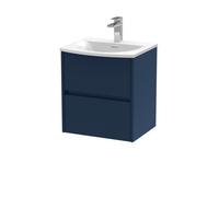 Nuie Havana Wall Hung 2-Drawer Unit & Curved Ceramic Basin, Modern Sink Vanity Unit In Midnight Blue With White Basin