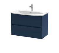 Nuie Havana Wall Hung 2-Drawer Unit & Curved Ceramic Basin, Modern Sink Vanity Unit In Midnight Blue With White Basin