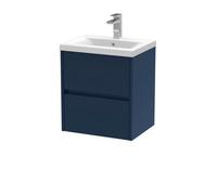 Nuie Havana Wall Hung 2-Drawer Unit & Mid-Edge Ceramic Basin, Modern Sink Vanity Unit In Midnight Blue With White Basin