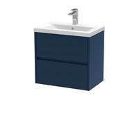 Nuie Havana Wall Hung 2-Drawer Unit & Mid-Edge Ceramic Basin, Modern Sink Vanity Unit In Midnight Blue With White Basin