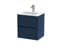 Nuie Havana Wall Hung 2-Drawer Unit & Minimalist Ceramic Basin, Modern Sink Vanity Unit In Midnight Blue With White Basin
