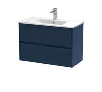 Nuie Havana Wall Hung 2-Drawer Unit & Minimalist Ceramic Basin, Modern Sink Vanity Unit In Midnight Blue With White Basin