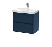 Nuie Havana Wall Hung 2-Drawer Unit & Thin-Edge Ceramic Basin, Modern Sink Vanity Unit In Midnight Blue With White Basin