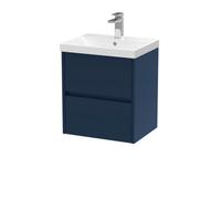 Nuie Havana Wall Hung 2-Drawer Unit & Thin-Edge Ceramic Basin, Modern Sink Vanity Unit In Midnight Blue With White Basin