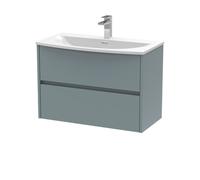 Nuie Havana Wall Hung 2 Drawer Vanity Basin Unit & Curved Ceramic Basin, Modern Sink Vanity Unit In Coastal Grey With White