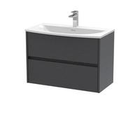 Nuie Havana Wall Hung 2 Drawer Vanity Basin Unit & Curved Ceramic Basin, Modern Sink Vanity Unit In Graphite Grey With White